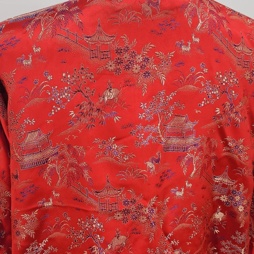 Vintage Oriental Kimono Robe L Red Black Satin Asian Print Lounge Duster Boho - Picture 5 of 9